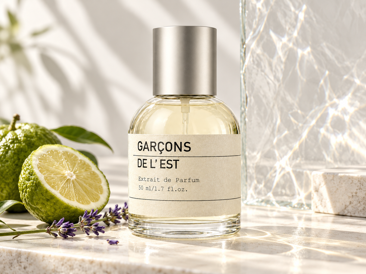 Garçons de l’Est im hellen Studio mit Bergamotte, Lavendel und Lichtreflexen